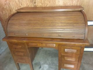 Antique Golden Oak Roll Top Paneled Desk