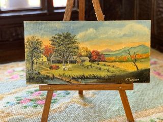 VINTAGE Miniature Dollhouse ARTISAN REAL Oil Painting by J.  Turner The Farm 1x3 4