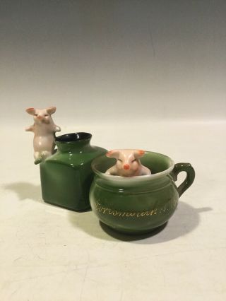 2 Antique German Pig Fairings - Pink Pig in Inkwell & Pink Pig in Cup 2