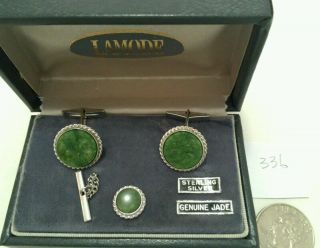 Pf.  Vintage Sterling Silver Cuff Links With Jade.