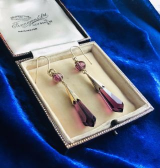 Lovely Antique Art Deco 9ct Rolled Gold & Amethyst Crystal Dropper Earrings
