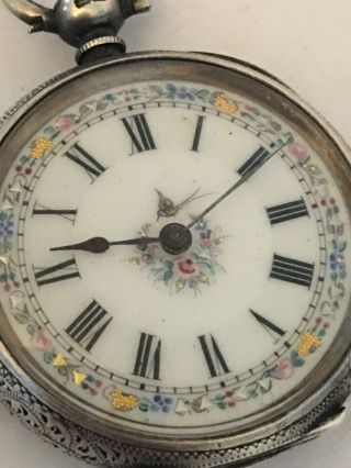 Antique Silver Beautifully Painted Enamel Dial Pocket Watch For Spares