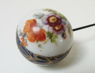 Antique Hatpin Large Floral Porcelain Ball Gold Trim