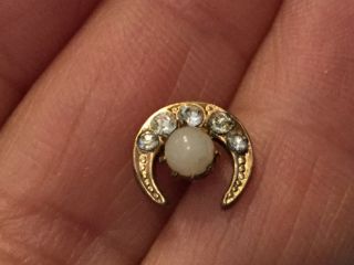 Antique Gold Filled Pearl Or Moonstone Crescent Tie Tack With Rhinestones