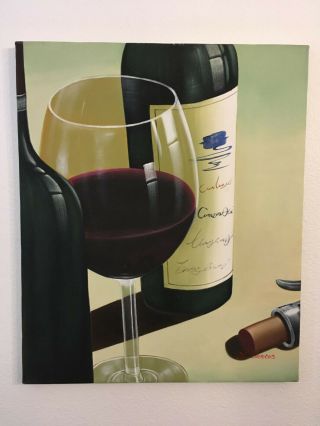 Vintage Oil Painting Signed M Santos Wine Bottle 20x24