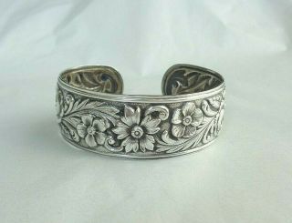 Antique Kirk & Son Wide Sterling Silver 925 Floral Repousse Flower Cuff Bracelet 2
