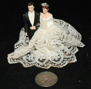 Vintage Wedding Cake Topper White Lace Pearls Bride & Groom 4 " Tall