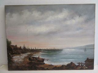 Really Old Painting Antique Oil Coast Bay Sea Boat Signed 1881