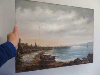 really old PAINTING antique oil coast bay SEA boat signed 1881 2