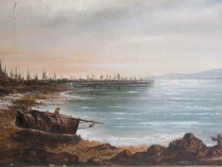 really old PAINTING antique oil coast bay SEA boat signed 1881 4