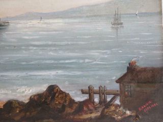 really old PAINTING antique oil coast bay SEA boat signed 1881 5