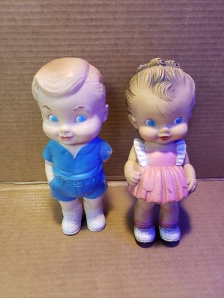 Vintage Squeak Doll Ruth E.  Newton Sun Rubber Co.  Boy & Girl Blue Pink