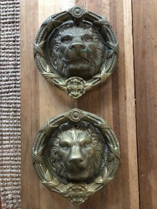 Set Of 2 Large Unique Vintage Solid Brass,  4.  5lb,  Lion Head Door Knockers