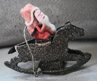 Antique Belsnickel Type Cotton Batting Santa Ornament/ Mica Flake Rocking Horse