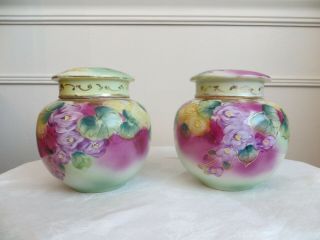 Antique Tea Caddy Ginger Jar Set Of 2 Pottery Hand Painted Floral
