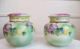 Antique Tea Caddy Ginger Jar Set of 2 Pottery Hand Painted Floral 2