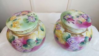 Antique Tea Caddy Ginger Jar Set of 2 Pottery Hand Painted Floral 3