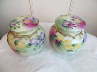 Antique Tea Caddy Ginger Jar Set of 2 Pottery Hand Painted Floral 6
