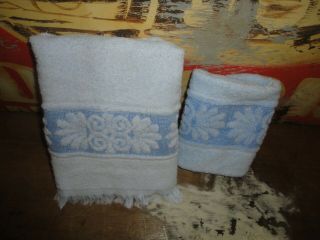 Vintage Cannon Velour Imperial Scroll Light Blue (2pc) Hand Towel & Washcloth