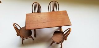 VINTAGE CHERRYWOOD TRESTLE TABLE AND 4 BOW BACK CHAIRS CIRCA 1960,  S 2