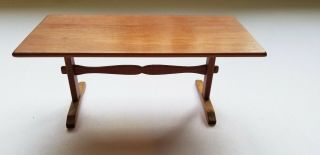 VINTAGE CHERRYWOOD TRESTLE TABLE AND 4 BOW BACK CHAIRS CIRCA 1960,  S 4