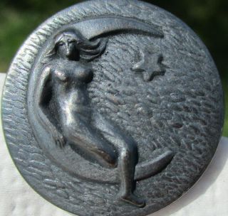 1940s French White " Nude Lady Sits On Crescent Moon - Star " Vintage Antique Button