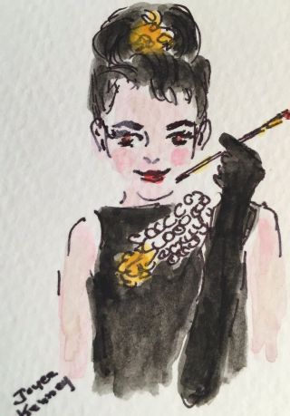 Aceo Audrey Hepburn Cigarette Holder Pearls Painting Art Joyce Kenney