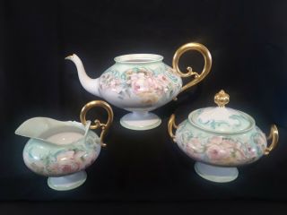 Antique Limoges Tea Set J.  Pouyat W/ Creamer & Sugar & Lid Roses Signed