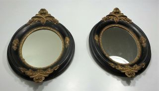 Pair Ornate Antique Gold Gilt Gesso Wood Frame 17 " X 13 " Oval Wall Mirrors