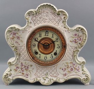 Early 20thC Ansonia Clock Co.  Dresden Porcelain Mantle Clock No.  674 2