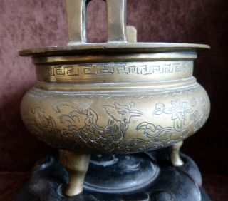 Vintage Antique Chinese polished bronze censer with stand Nr 1 8