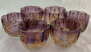 Antique Moser Amethyst Raised Gold Hand Painted Art Glass Cup Set 6