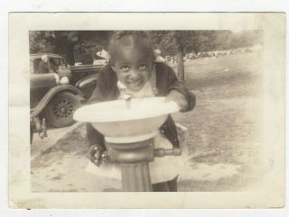 Vintage Photo African American Girl At Water Fountain Park Found Art Antique R18