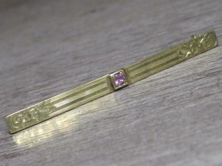 Vtg Antique 8k Yellow Gold Jewelry Flat Bar Purple Stone Etched Pin Brooch Cxk
