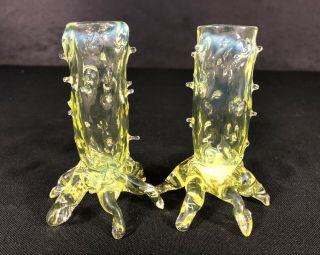 Antique Thorn Or Cactus? Vaseline Glass Small Vase Or Candleholders Uranium 4” -