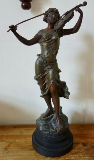 Spelter Figure Of A Woman Playing The Violin - Cold Painted - Tr.  Richard