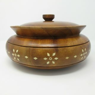 Vintage Turned Wood Bowl With Lid Inlaid Pattern 11 " Diameter 5 " Tall Large