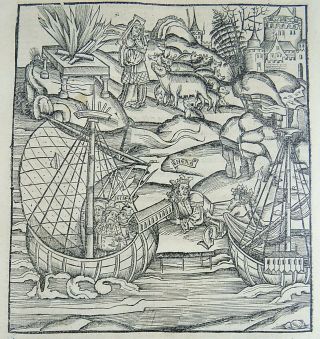 1502 Grüninger Master Incunabula Woodcut - Galleon Aeneas Sacrifice