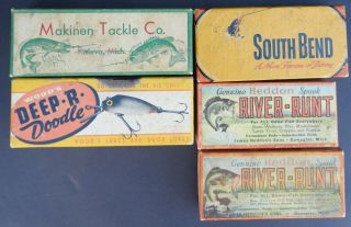 Five Vintage Fishing Lures With Boxes Heddon Wood 