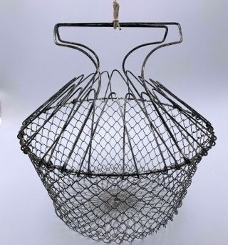 Vintage Collapsible Wire Mesh Egg Basket W Handle Made In France Country Theme