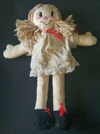 Vintage Handmade Fabric Doll Stuffed Hand Painted Face Yarn Hair Signed 1989