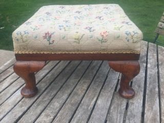 Antique Queen Anne Yew Foot Stool With Embroidery Stitch Work Of Flowers