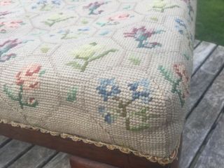 ANTIQUE QUEEN ANNE YEW FOOT STOOL WITH EMBROIDERY STITCH WORK OF FLOWERS 2