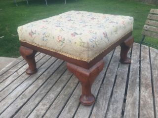 ANTIQUE QUEEN ANNE YEW FOOT STOOL WITH EMBROIDERY STITCH WORK OF FLOWERS 3