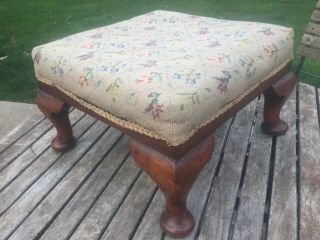 ANTIQUE QUEEN ANNE YEW FOOT STOOL WITH EMBROIDERY STITCH WORK OF FLOWERS 4