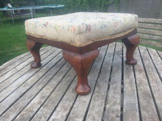 ANTIQUE QUEEN ANNE YEW FOOT STOOL WITH EMBROIDERY STITCH WORK OF FLOWERS 5