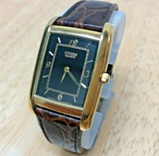 Vintage Citizen 6020 Men Gold Tone Rectangle Analog Quartz Watch Hour Batter