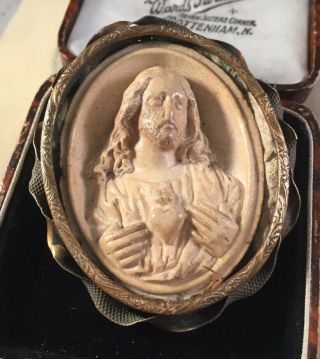 Antique Vintage Victorian Jewellery Very Big Carved Sacred Heart Pendant