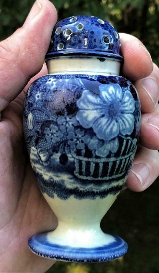 Antique Staffordshire Dark Blue Basket Of Flowers Pepper Pot Or Shaker,  C.  1800