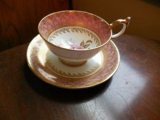 Aynsley Bone China Cup & Saucer Pink With Gold Filigree And Roses